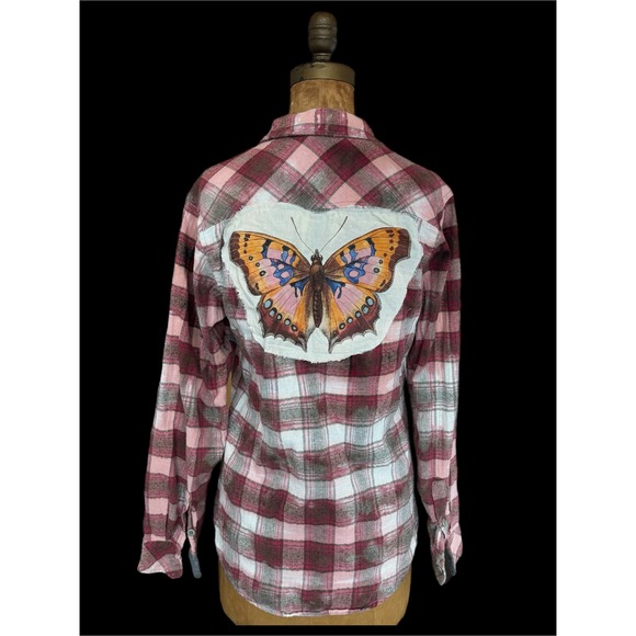 burnside Tops - Vintage Pink Plaid Butterfly Patch Flannel S